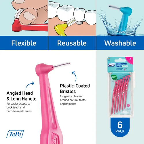 Vista 5 de TePe Cepillo Interdental en Ángulo, Cepillo Dental Angular para Limpieza de Dientes, Paquete de 6, 0.44 mm, Espacios Extra Pequeños/Pequeños, Rosa