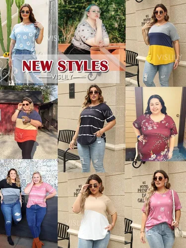 Vista 4 de VISLILY Camisetas casuales de verano de manga corta con abertura lateral para mujer, talla extragrande 1X-4X