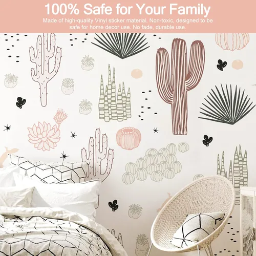 Vista 3 de Calcomanías de pared de cactus para dormitorio, calcomanías de pared de cactus dibujadas a mano, calcomanías de pared de cactus de vinilo para sala