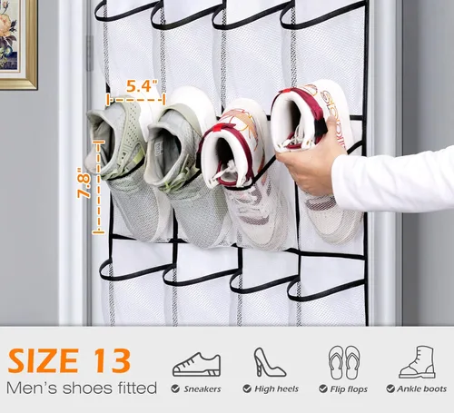 Vista 3 de MISSLO Organizador de zapatos con 35 bolsillos grandes para colocar sobre la puerta + 24 bolsillos grandes de malla, color blanco