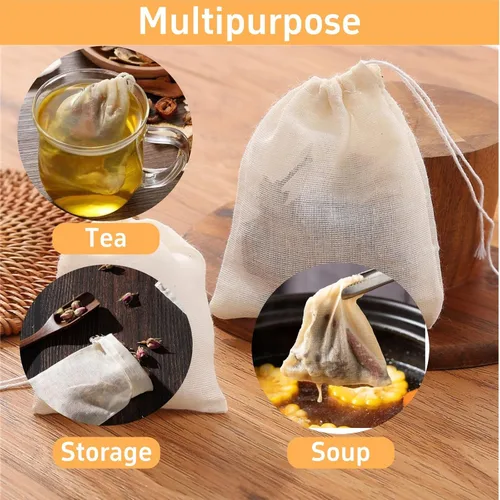 Vista 4 de Paquete de 50 bolsas de muselina de algodón natural reutilizables con cordón, bolsas de té reutilizables sin blanquear, bolsas de especias