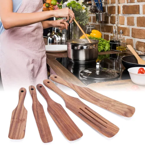 Vista 4 de FLEXMAN 5Pcs Teak Wooden Utensils Set, Multi Functional Wood Cooking Utensils Set, Kitchen Utensils Set, Non Scratch Cooking Utensils for Stir