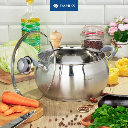 Vista 2 de Daniks Moderna Olla de Cocción de Acero Inoxidable de 4 Cuartos con Tapa de Vidrio, Base de Tres Capas para Calentamiento Uniforme, Compatible
