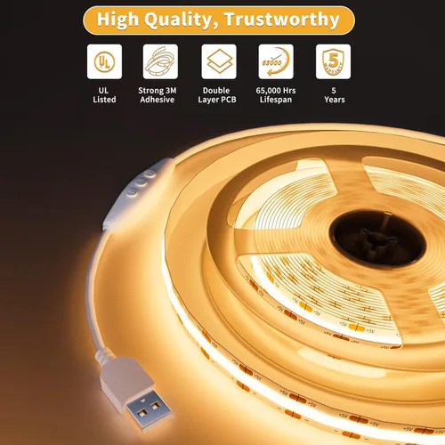 Vista 5 de PAUTIX Tira de luz LED COB USB de 5 V, 6.56 pies/6.6 ft, 1200 lm, regulable, 640 LED, 2700 K, blanco cálido, CRI90+ con retroiluminación de TV