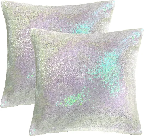 Vista 19 de iMaylex Juego de 2 fundas de almohada decorativas cuadradas brillantes con lentejuelas para Pascua, fiesta lumbar, otoño, boda, Navidad, Año Nuevo