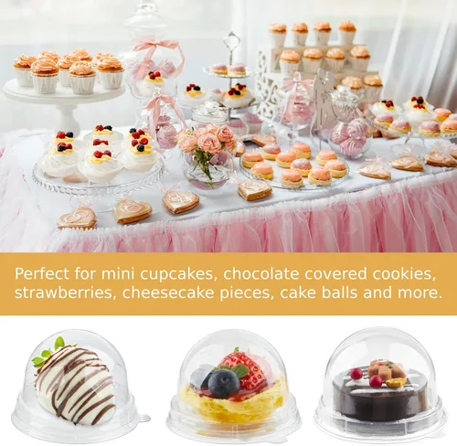 Vista 3 de Zezzxu Paquete de 50 mini recipientes para pasteles, cajas pequeñas de plástico transparente para cupcakes con tapas de cúpula para galletas