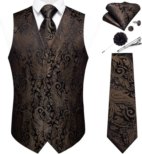 Vista 38 de DiBanGu Juego de chaleco y corbata para hombre, chaleco formal de cachemira y corbata con bolsillo cuadrado y gemelos, de seda, para traje o Verde