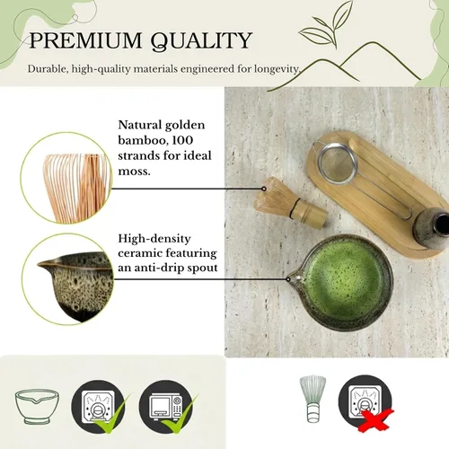 Vista 5 de Juego de batidor Matcha YMiga – Kit completo de matcha con batidor de bambú matcha, cuenco de cerámica matcha, tamiz y cucharada – Kit de Verde/Negro