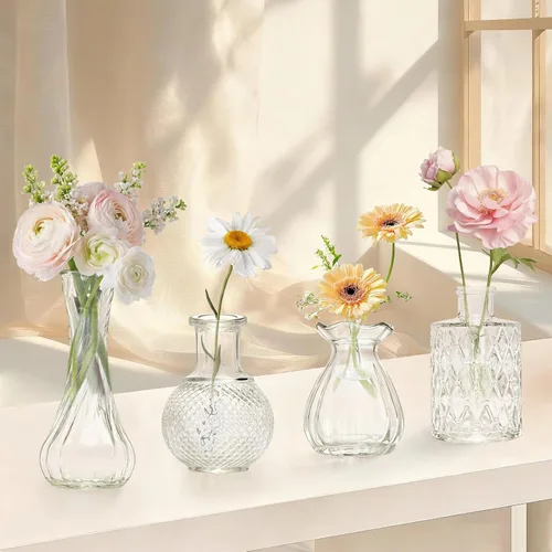 Vista 4 de KJHL Juego de 4 jarrones pequeños de cristal para flores, jarrones de flores pequeños transparentes vintage para centros de mesa de boda, mini
