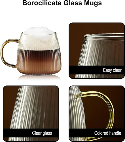 Vista 6 de Juego de 2 tazas de café de cristal únicas de alta calidad con elegante patrón de rayas verticales, mango amarillo claro (transparente)