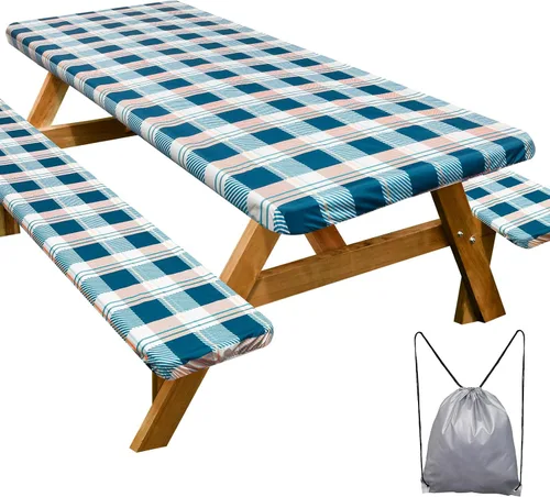 Vista 21 de Funda de mesa de picnic con fundas para bancos Esenciales de camping Mantel de picnic impermeable y a prueba de viento con bolsa de cordón, funda