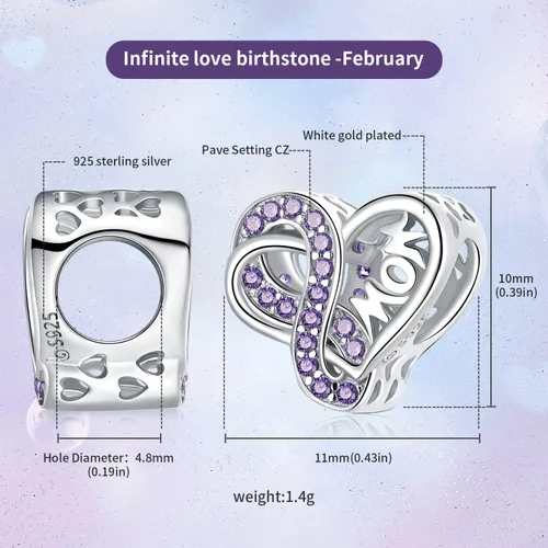 Vista 4 de VOROCO Sterling Silver Mom Charm Birthstone for Bracelets and Necklacesfront and back Consistent Infinity charms Heart for Mothers Birthday