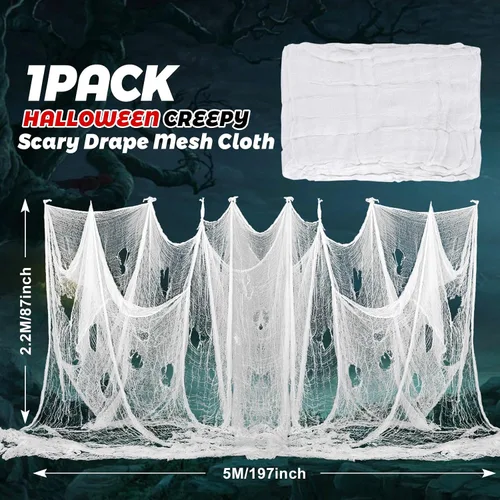 Vista 3 de Whaline Tela espeluznante blanca de Halloween de 197 x 87 pulgadas, ropa de gasa espeluznante, decoración de Halloween para casas embrujadas