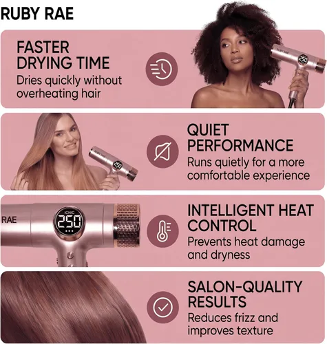 Vista 4 de RUBY RAE Secador de pelo Ionic de 2000 W, secador profesional de doble voltaje con difusor, diseño ligero, secado rápido, tecnología de bajo ruido