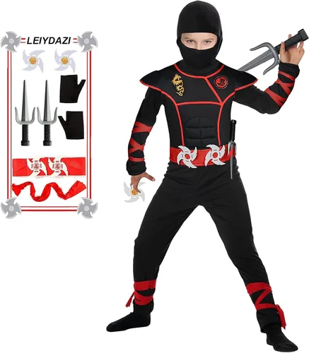 Vista 8 de Disfraz de ninja para niños, disfraz de ninja con máscara negra y accesorios de espuma ninja para Halloween