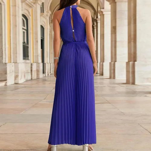 Vista 4 de Hugncmy Women Casual Solid Neck Hanging Sleeveless Pleated Jumpsuit Backless Button Belt Animal Pajama Jumpsuits for