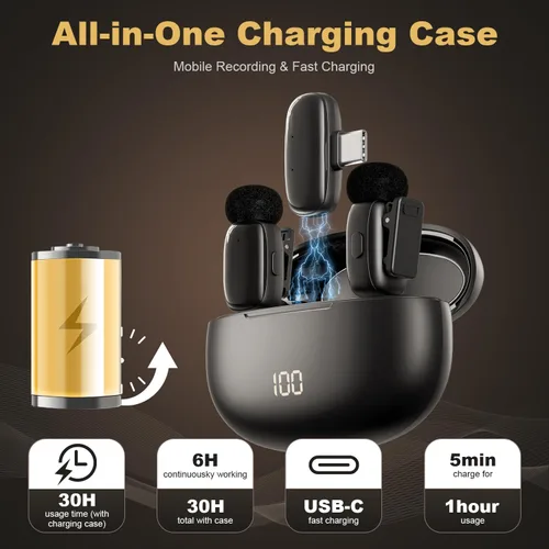 Vista 2 de Mini micrófono inalámbrico Lavalier para iPhone, iPad, Android, batería de larga duración de 30 horas, rango inalámbrico de 100 pies, cancelación