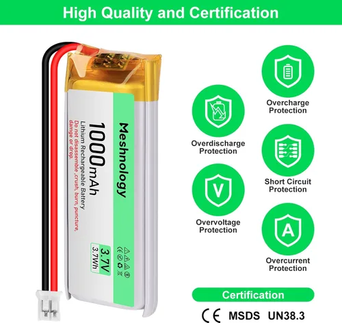 Vista 2 de 2 unids 3.7 V 1000 mAh Li batería con cable de cargador USB 102050 1S LiPo batería con placa de protección cinta de goma aislada y micro JST 2.0