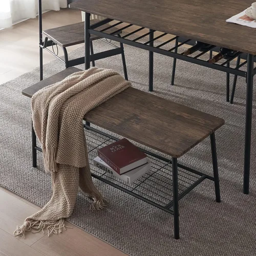 Vista 8 de Juego de comedor moderno de 6 piezas para el hogar, cocina, comedor con estantes de almacenamiento, marco de acero, mesa rectangular con 1 banco y 4