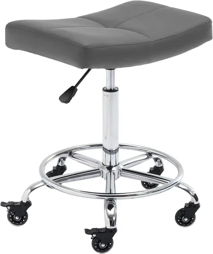 Vista 9 de Taburete con ruedas ajustable con asiento extra ancho, ruedas de goma bloqueables y reposapiés, silla giratoria para cocina, laboratorio, oficina