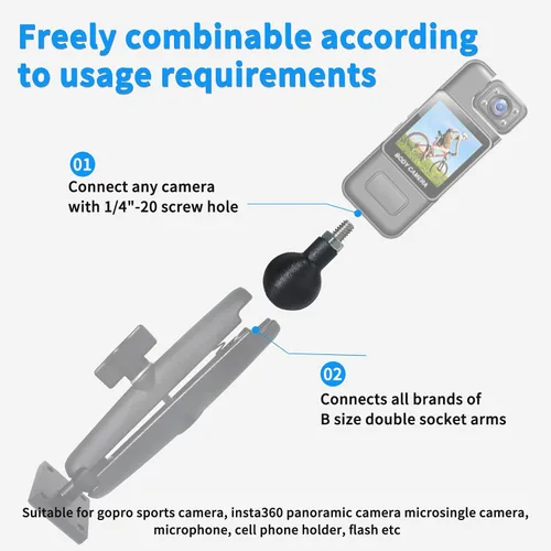 Vista 2 de Adaptador de bola universal de aleaciones de aluminio de 0.984 in de 1 pulgada con perno roscado de 1/4"-20, compatible con soportes estándar