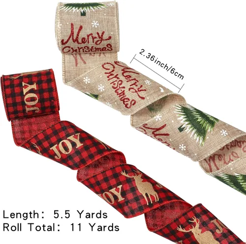 Vista 2 de Cinta de Navidad con cable de 2.5 pulgadas x 11 yardas, cinta de Navidad roja y de arpillera para coronas, lazos, manualidades, 2.5 pulgadas