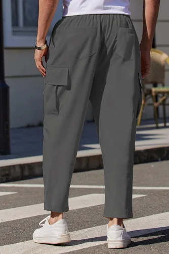 Vista 2 de COOFANDY Pantalones cargo para hombre, ajuste relajado, pantalones de lino recortados, pantalones casuales holgados con bolsillos