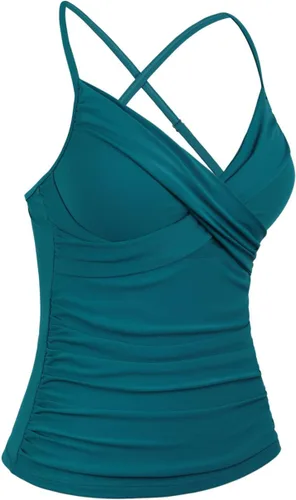 Vista 5 de coastal rose Traje de baño tankini con aros para mujer, con cuello en V, parte delantera cruzada, con control de abdomen