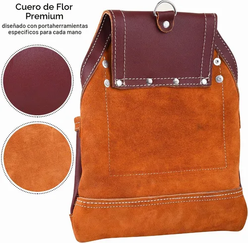 Vista 4 de Bolsa profesional de 10 bolsillos para herramientas de carpintero Cuero de grano premium resistente, soporte de marco ajustable de refuerzo
