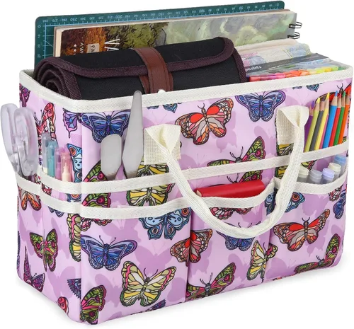 Vista 17 de Bolsa de mano organizadora de manualidades con múltiples bolsillos, gran caddy de almacenamiento de arte con asas para arte, manualidades, costura