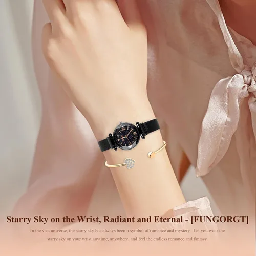 Vista 4 de Reloj de pulsera de cuarzo de lujo con esfera de cielo estrellado para mujer, reloj de malla magnética y pulsera