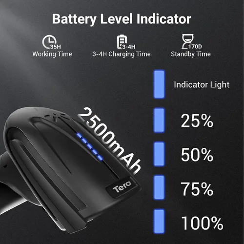 Vista 2 de Tera Escáner de código de barras inalámbrico 2D QR con soporte: versión Pro Indicador de nivel de batería 2500mAh Lector de códigos de barras