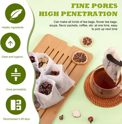 Vista 5 de WALWAL 100 bolsas de té desechables para té de hojas sueltas, bolsas de filtro de té biodegradables con cordón, bolsas infusoras de té de fibra