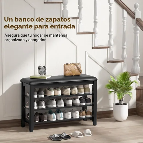 Vista 7 de Banco de almacenamiento de zapatos de entrada con cojín de cuero, banco organizador de zapatos para entrada, ideal para pasillos, puertas