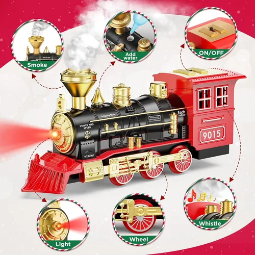 Vista 2 de Hot Bee - Juego de tren de juguete con locomotora de vapor, humo, luces y sonidos, para niños de 3, 4, 5, 6, 7 años en adelante