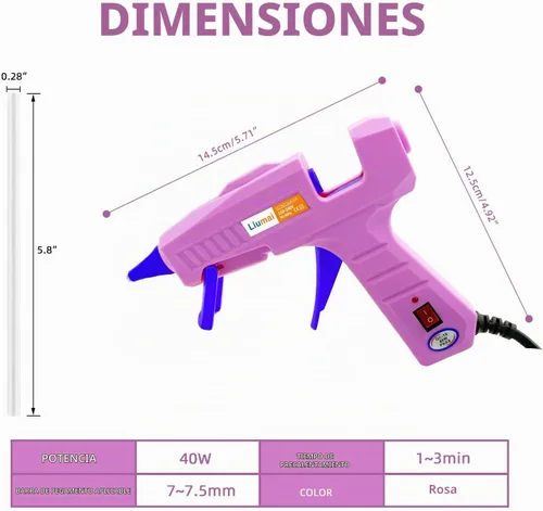 Vista 2 de Liumai Pistola de pegamento, kit de pistola de pegamento caliente con 30 barras de pegamento, mini pistola de pegamento termofusible para Morado