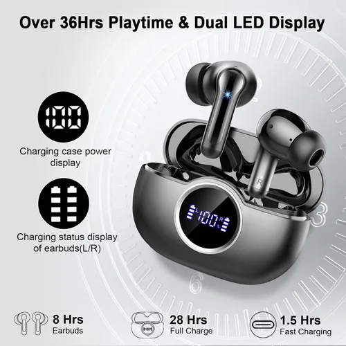 Vista 7 de Auriculares inalámbricos, auriculares estéreo 3D 2026 Bluetooth 5.4 con graves profundos, micrófono con cancelación de ruido 4 ENC, auriculares