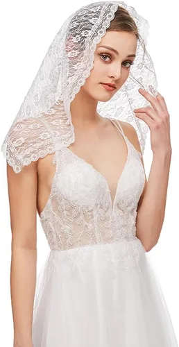 Vista 2 de Velo de mantilla de encaje, bufanda de encaje floral vintage, triángulo blanco, velo de boda, velos largos de capilla, iglesia católica de misa