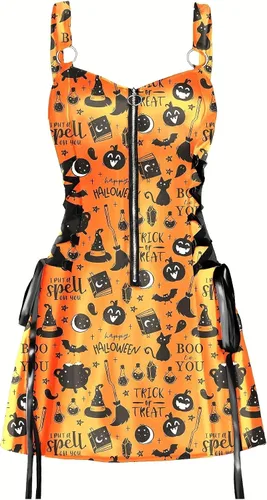 Vista 3 de J&DHUASHA Vestido de Halloween para mujer, gótico, de cintura alta, sin espalda, tirantes delgados, cremallera media, vestido de fiesta de Halloween