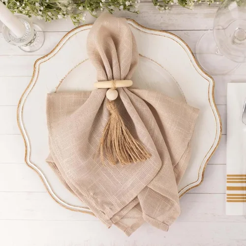 Vista 2 de Efavormart - Paquete de 4 servilleteros de madera color crema con borla tejida de cuentas de yute, estilo granja