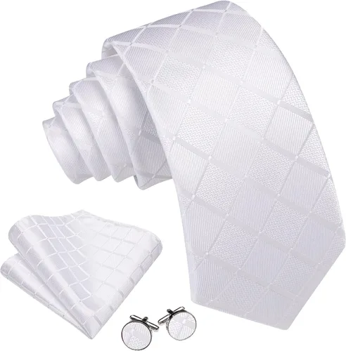 Vista 19 de Barry.Wang Juego de corbatas a cuadros para hombre con pañuelo gemelos de rayas clásicas