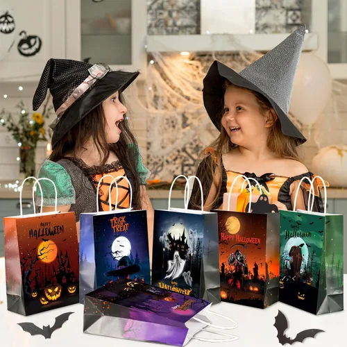 Vista 4 de BLEWINDZ 24 bolsas de regalo de papel de Halloween con pañuelos, bolsas de golosinas de Halloween con asa para truco o trato y recuerdos de fiesta