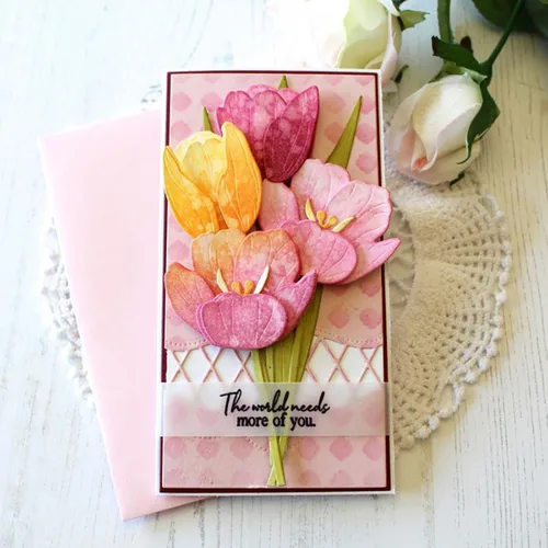 Vista 3 de Juego de tulipanes troquelados de metal con flores, hojas de flores, plantas, plantillas de corte de boda, plantillas de manualidades, tarjetas