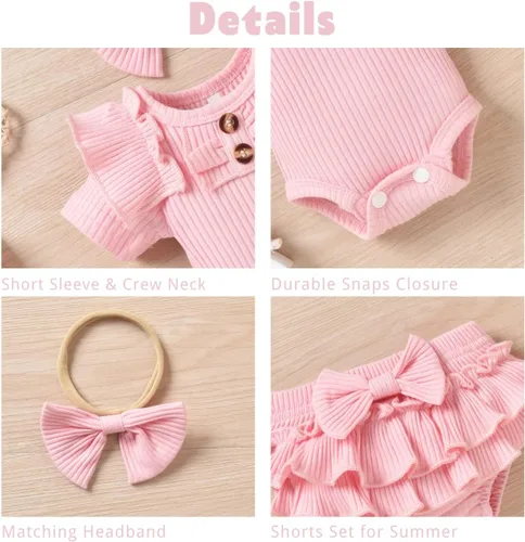 Vista 25 de Aalizzwell Body de manga corta para bebé niña con pantalones cortos acanalados