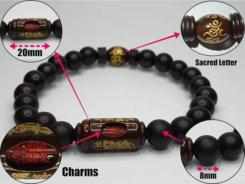 Vista 2 de Pulsera budista 1 pieza del zodiaco chino budismo hecho de árbol de azufaifo y tres dijes (energizar, logro, salud) incluidas palabras de Buda