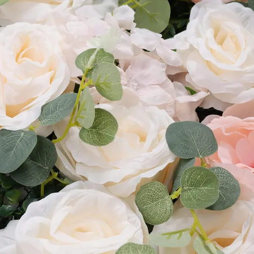 Vista 6 de Paneles de flores artificiales para decoración de pared, 6 piezas de rosas falsas, peonía, eucalipto, telón de fondo de pared de rosas para fiesta 6