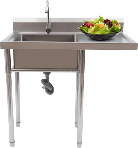 Vista 18 de Fregadero de cocina de restaurante comercial independiente de acero inoxidable con soporte, preparación de cocina y lavabo de mano para el hogar