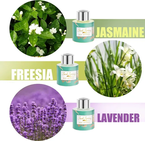 Vista 2 de Juego de 3 difusores de varillas de aroma a aceite de lavanda jazmín y fresia, productos de fragancia para oficina y hogar, 1.7 onzas x 3
