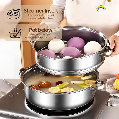 Vista 3 de Olla de vapor de acero inoxidable de 3 niveles con tapa, ollas de vapor multiusos para cocinar, juego de vapor de verduras y albóndigas con asas