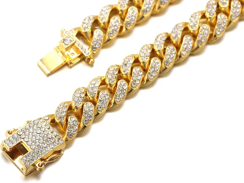 Vista 5 de Halukakah HOLLYWOOF - Collar de perro – Cadena de eslabones cubanos chapada en oro, lujoso auricular de diamantes y 0.551 in de grosor, tamaño 24